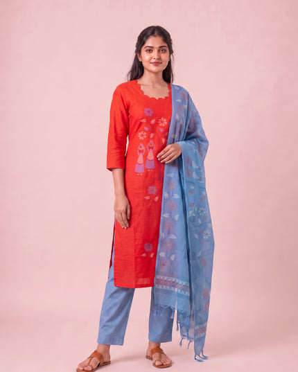 Traditional Gollabhama Print Cotton 3PC Kurti Set in Coral Red Colour | Cut Work Neck Design | Free Style Bottom | Ready to Wear