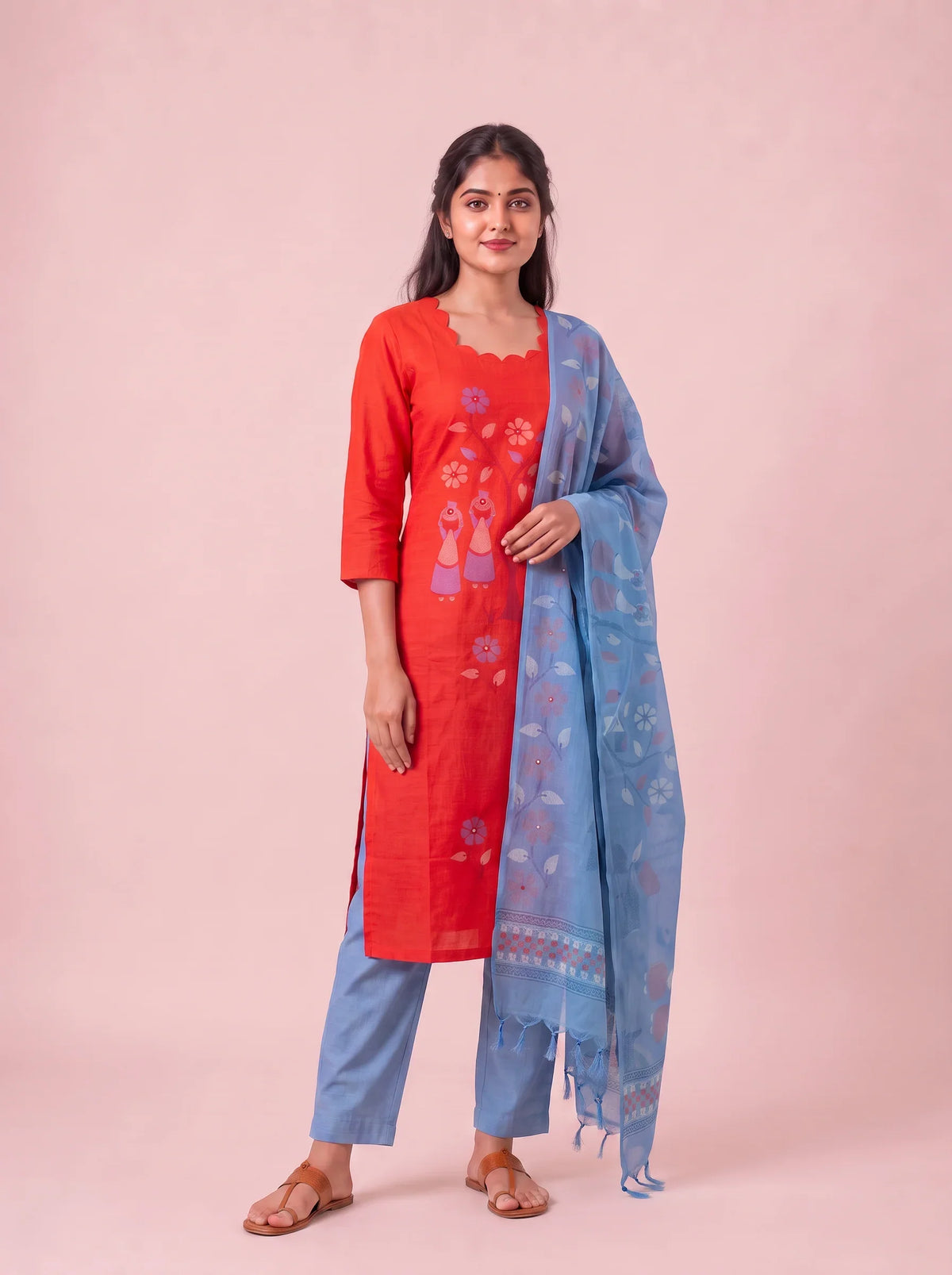 Traditional Gollabhama Print Cotton 3PC Kurti Set in Coral Red Colour | Cut Work Neck Design | Free Style Bottom | Ready to Wear