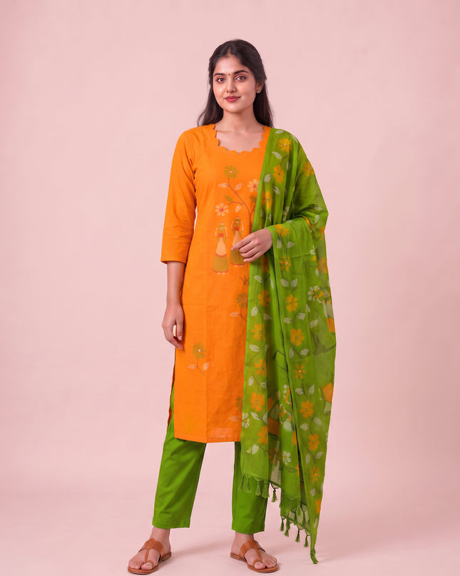 Traditional Gollabhama Print Cotton 3PC Kurti Set in Orange Colour | Cut Work Neck Design | Free Style Bottom | Ready to Wear
