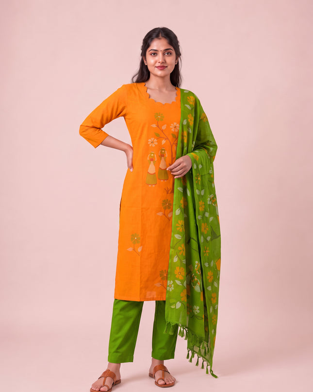 Traditional Gollabhama Print Cotton 3PC Kurti Set in Orange Colour | Cut Work Neck Design | Free Style Bottom | Ready to Wear