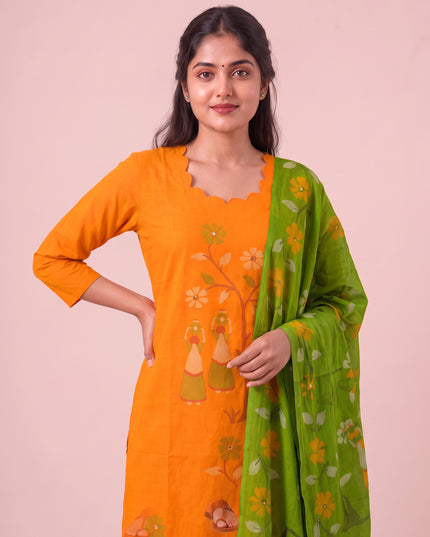 Traditional Gollabhama Print Cotton 3PC Kurti Set in Orange Colour | Cut Work Neck Design | Free Style Bottom | Ready to Wear