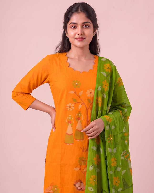 Traditional Gollabhama Print Cotton 3PC Kurti Set in Orange Colour | Cut Work Neck Design | Free Style Bottom | Ready to Wear