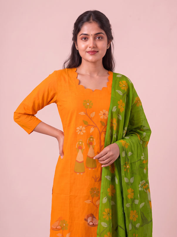 Traditional Gollabhama Print Cotton 3PC Kurti Set in Orange Colour | Cut Work Neck Design | Free Style Bottom | Ready to Wear