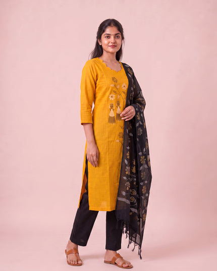 Traditional Gollabhama Print Cotton 3PC Kurti Set in Mustard Yellow Colour | Cut Work Neck Design | Free Style Bottom | Ready to Wear