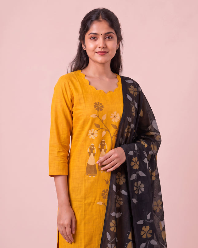 Traditional Gollabhama Print Cotton 3PC Kurti Set in Mustard Yellow Colour | Cut Work Neck Design | Free Style Bottom | Ready to Wear