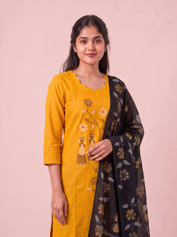 Traditional Gollabhama Print Cotton 3PC Kurti Set in Mustard Yellow Colour | Cut Work Neck Design | Free Style Bottom | Ready to Wear