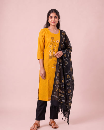 Traditional Gollabhama Print Cotton 3PC Kurti Set in Mustard Yellow Colour | Cut Work Neck Design | Free Style Bottom | Ready to Wear