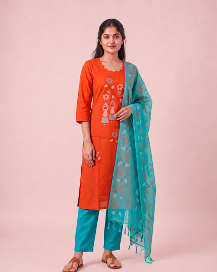 Traditional Gollabhama Print Cotton 3PC Kurti Set in Orange Colour | Cut Work Neck Design | Free Style Bottom | Ready to Wear |