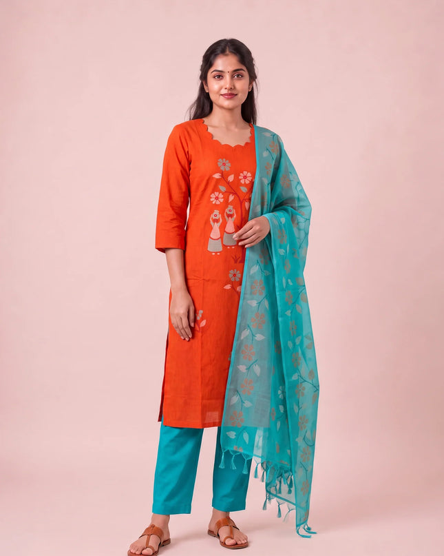 Traditional Gollabhama Print Cotton 3PC Kurti Set in Orange Colour | Cut Work Neck Design | Free Style Bottom | Ready to Wear |