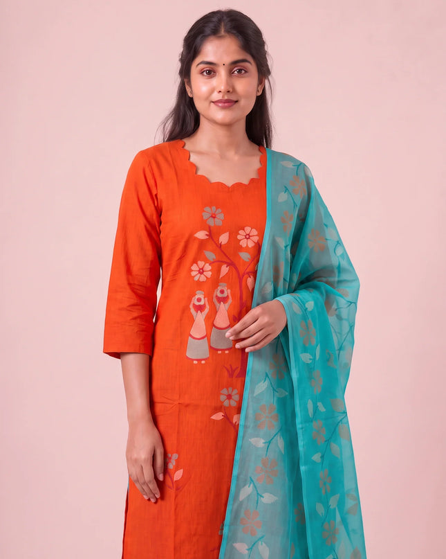 Traditional Gollabhama Print Cotton 3PC Kurti Set in Orange Colour | Cut Work Neck Design | Free Style Bottom | Ready to Wear |