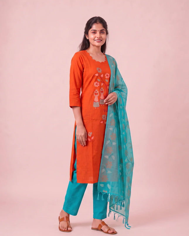 Traditional Gollabhama Print Cotton 3PC Kurti Set in Orange Colour | Cut Work Neck Design | Free Style Bottom | Ready to Wear |