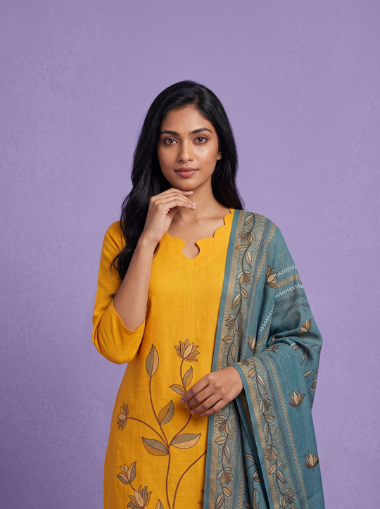 Premium Cotton Kurti Set with Floral Printed Design in Mustard Yellow | Scallop Notch Neckline