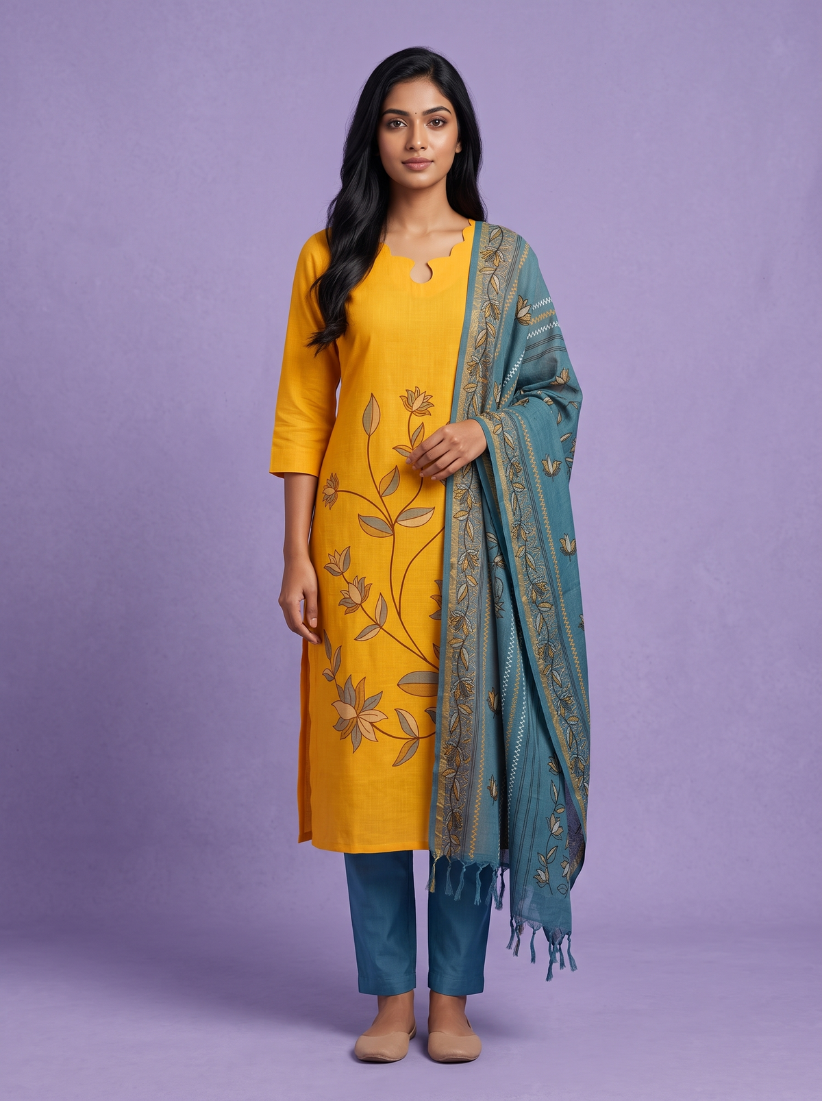 Premium Cotton Kurti Set with Floral Printed Design in Mustard Yellow | Scallop Notch Neckline