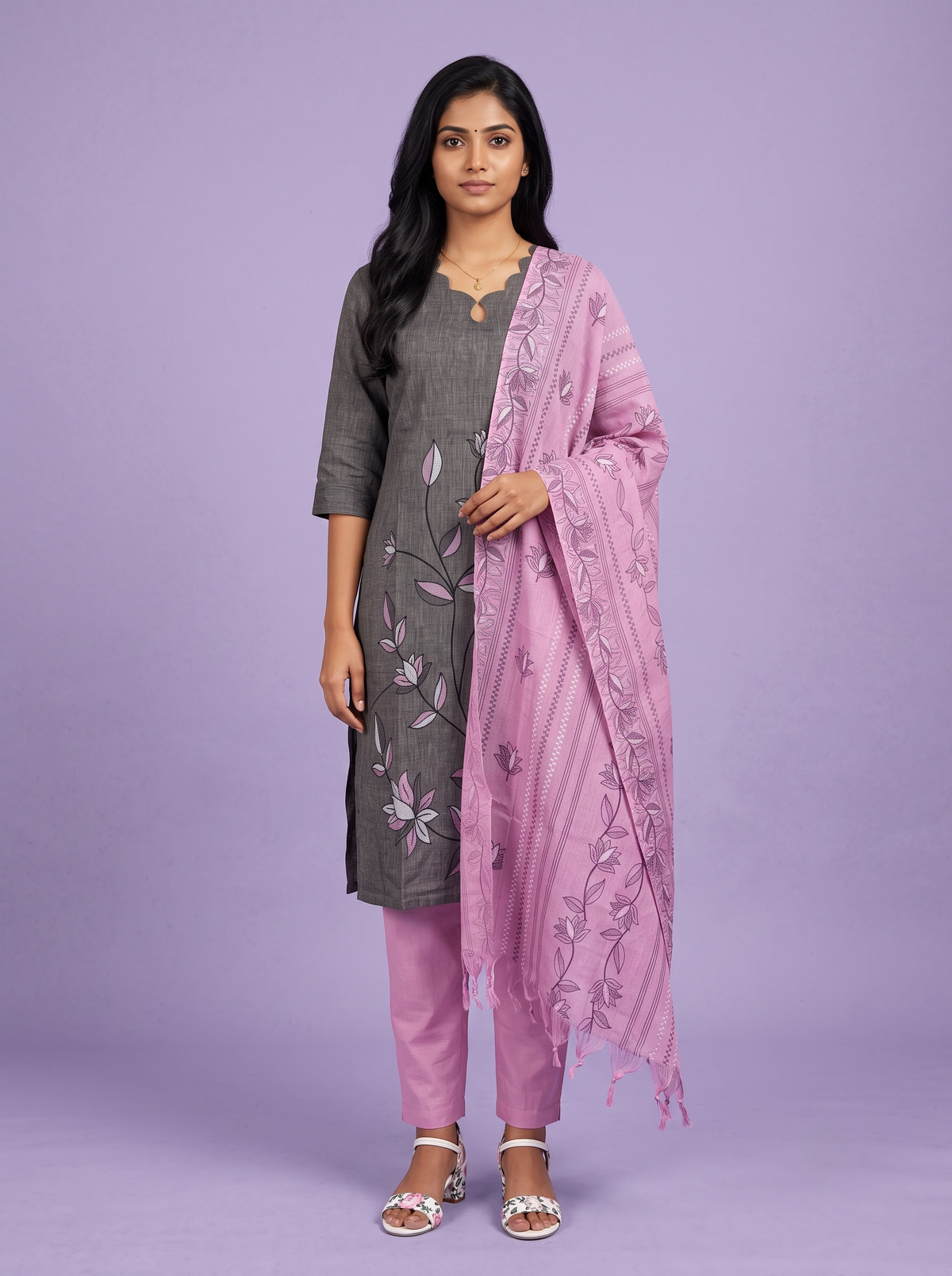 Premium Cotton Kurti Set with Floral Printed Design in Charcoal Grey | Scallop Notch Neckline