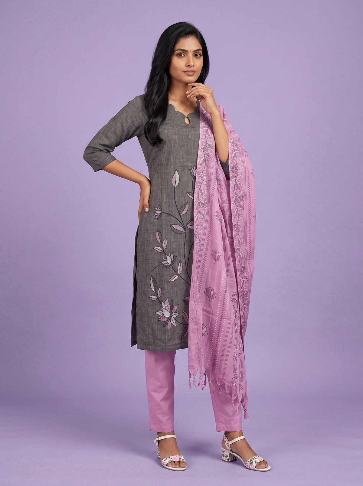 Premium Cotton Kurti Set with Floral Printed Design in Charcoal Grey | Scallop Notch Neckline