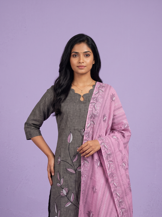 Premium Cotton Kurti Set with Floral Printed Design in Charcoal Grey | Scallop Notch Neckline