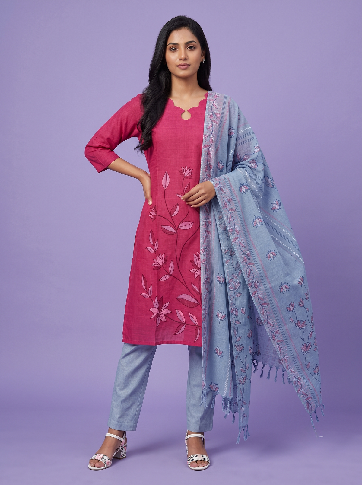 Premium Cotton Kurti Set with Floral Printed Design in Rani Pink | Scallop Notch Neckline