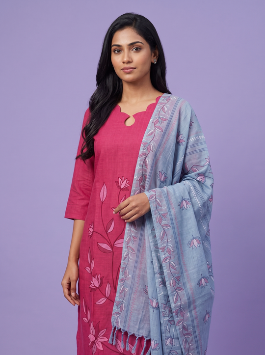 Premium Cotton Kurti Set with Floral Printed Design in Rani Pink | Scallop Notch Neckline