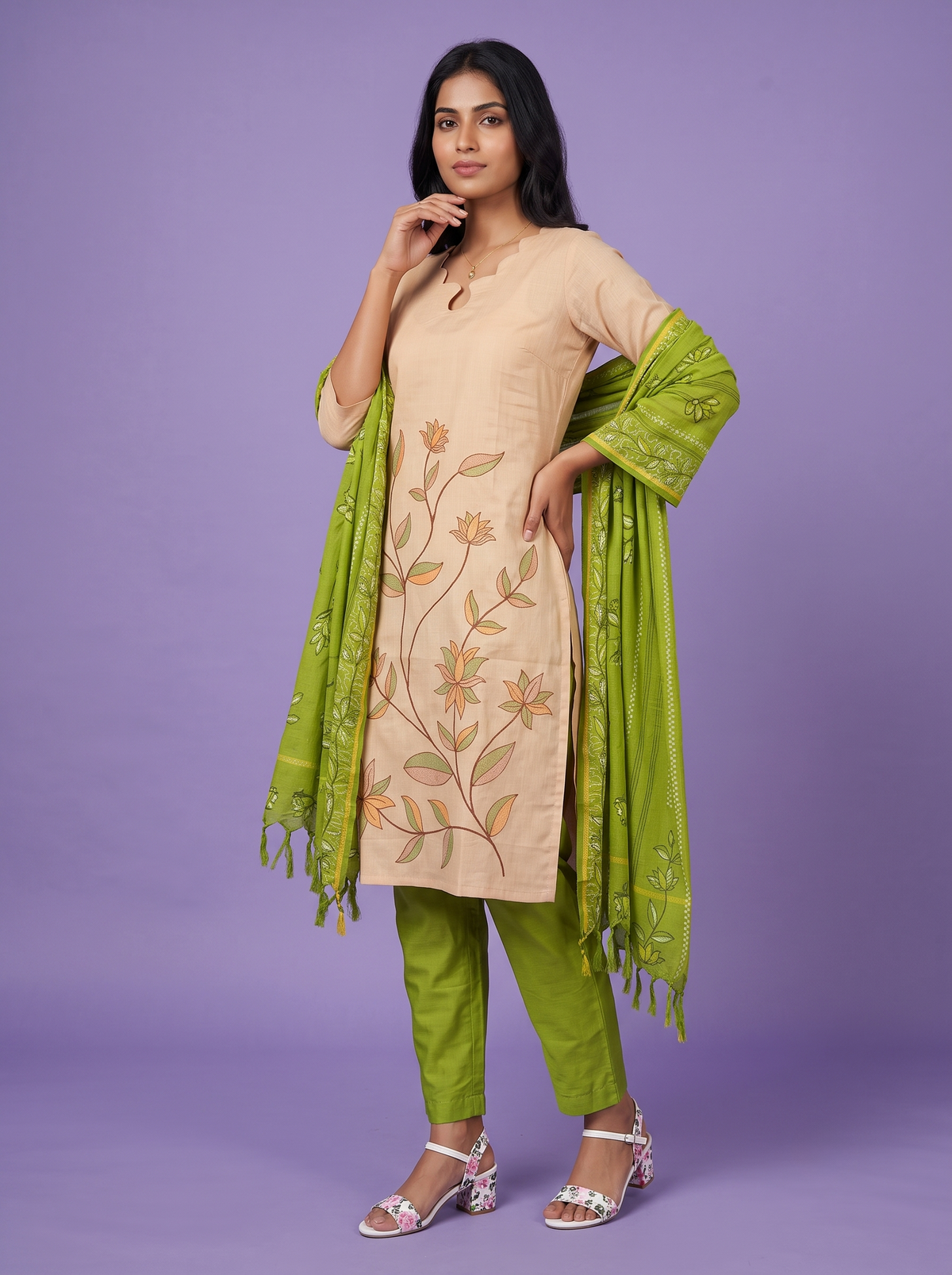 Premium Cotton Kurti Set with Floral Printed Design in Peach Beige | Scallop Notch Neckline