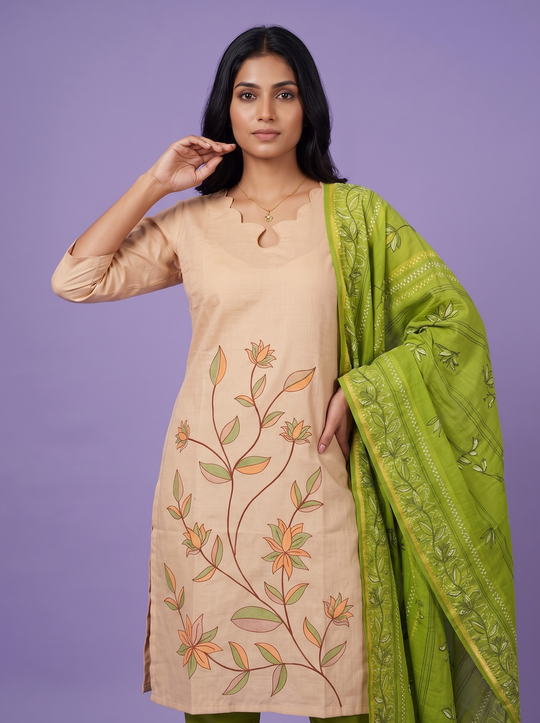 Premium Cotton Kurti Set with Floral Printed Design in Peach Beige | Scallop Notch Neckline