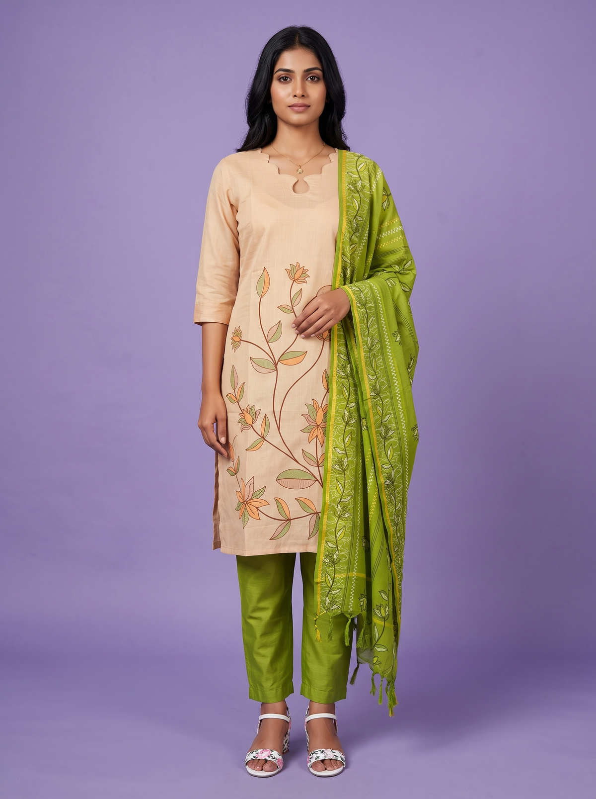 Premium Cotton Kurti Set with Floral Printed Design in Peach Beige | Scallop Notch Neckline