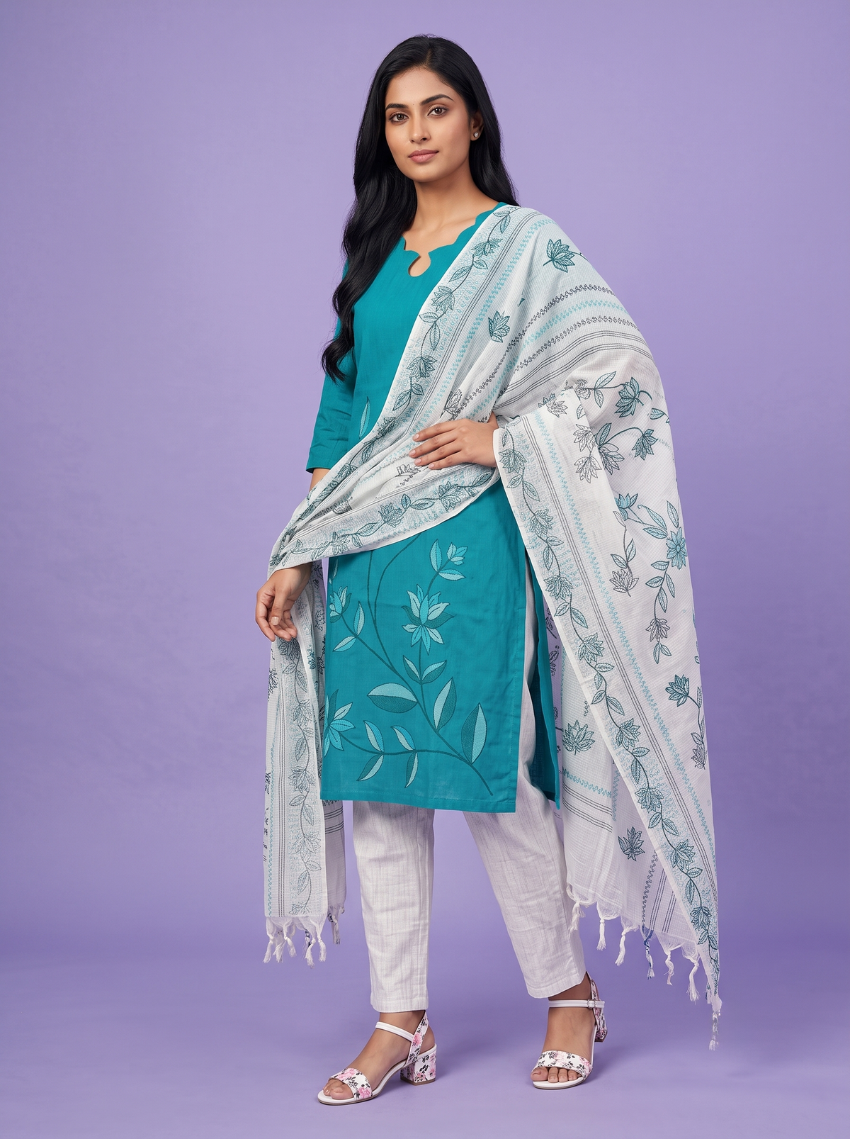 Premium Cotton Kurti Set with Floral Printed Design in Turquoise Blue | Scallop Notch Neckline