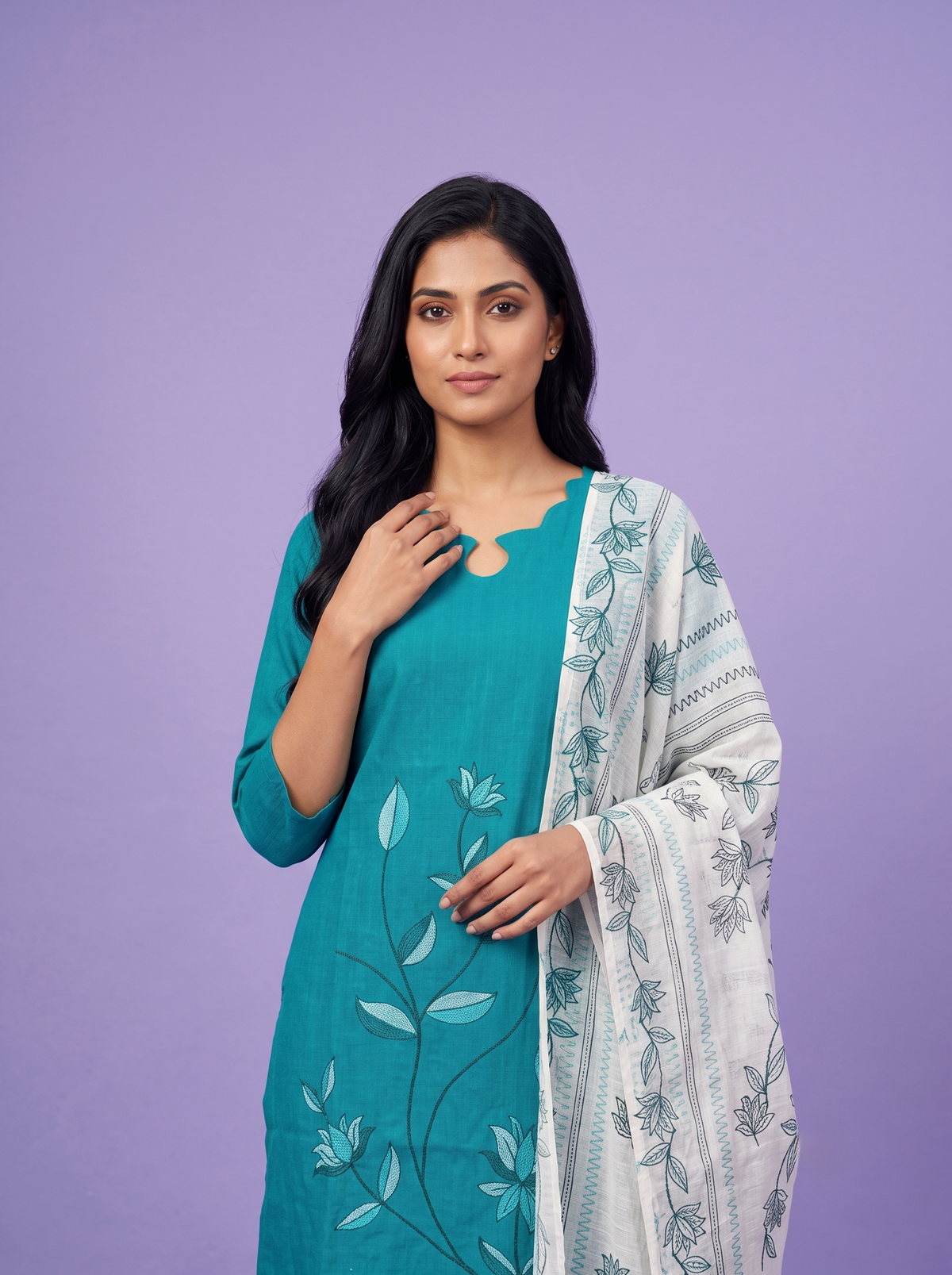 Premium Cotton Kurti Set with Floral Printed Design in Turquoise Blue | Scallop Notch Neckline