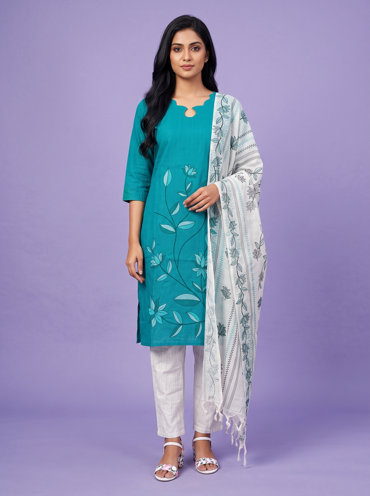 Premium Cotton Kurti Set with Floral Printed Design in Turquoise Blue | Scallop Notch Neckline