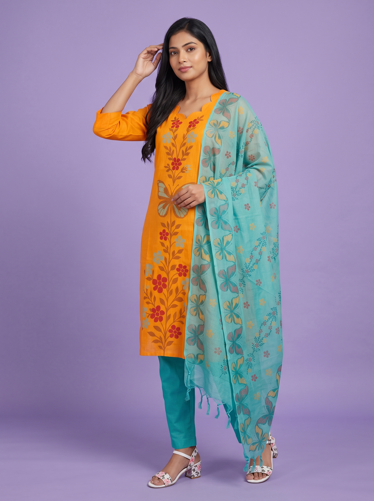 Premium Cotton Kurti Set with Floral & Butterfly Printed Design in Orange | Scallop Notch Neckline