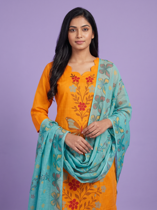 Premium Cotton Kurti Set with Floral & Butterfly Printed Design in Orange | Scallop Notch Neckline