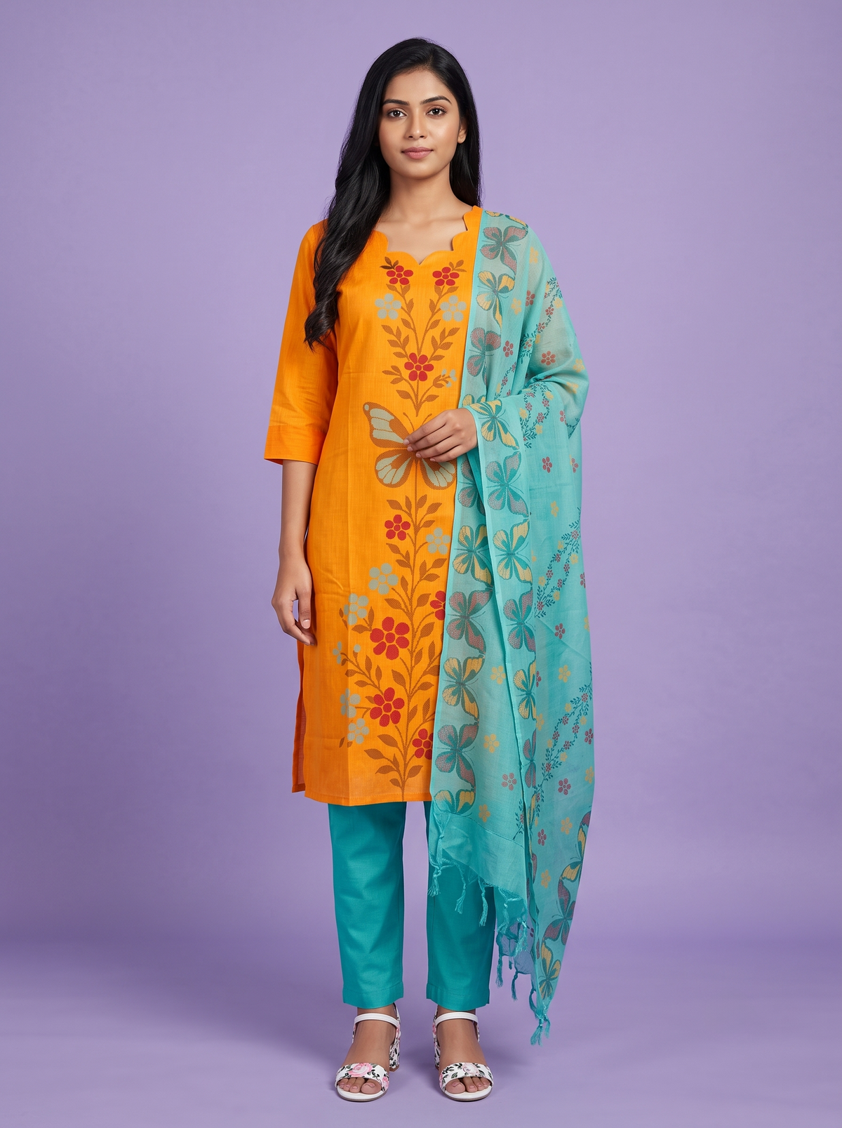 Premium Cotton Kurti Set with Floral & Butterfly Printed Design in Orange | Scallop Notch Neckline