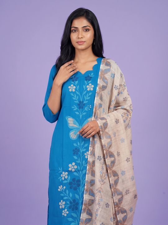 Premium Cotton Kurti Set with Floral & Butterfly Printed Design in Water Blue | Scallop Notch Neckline