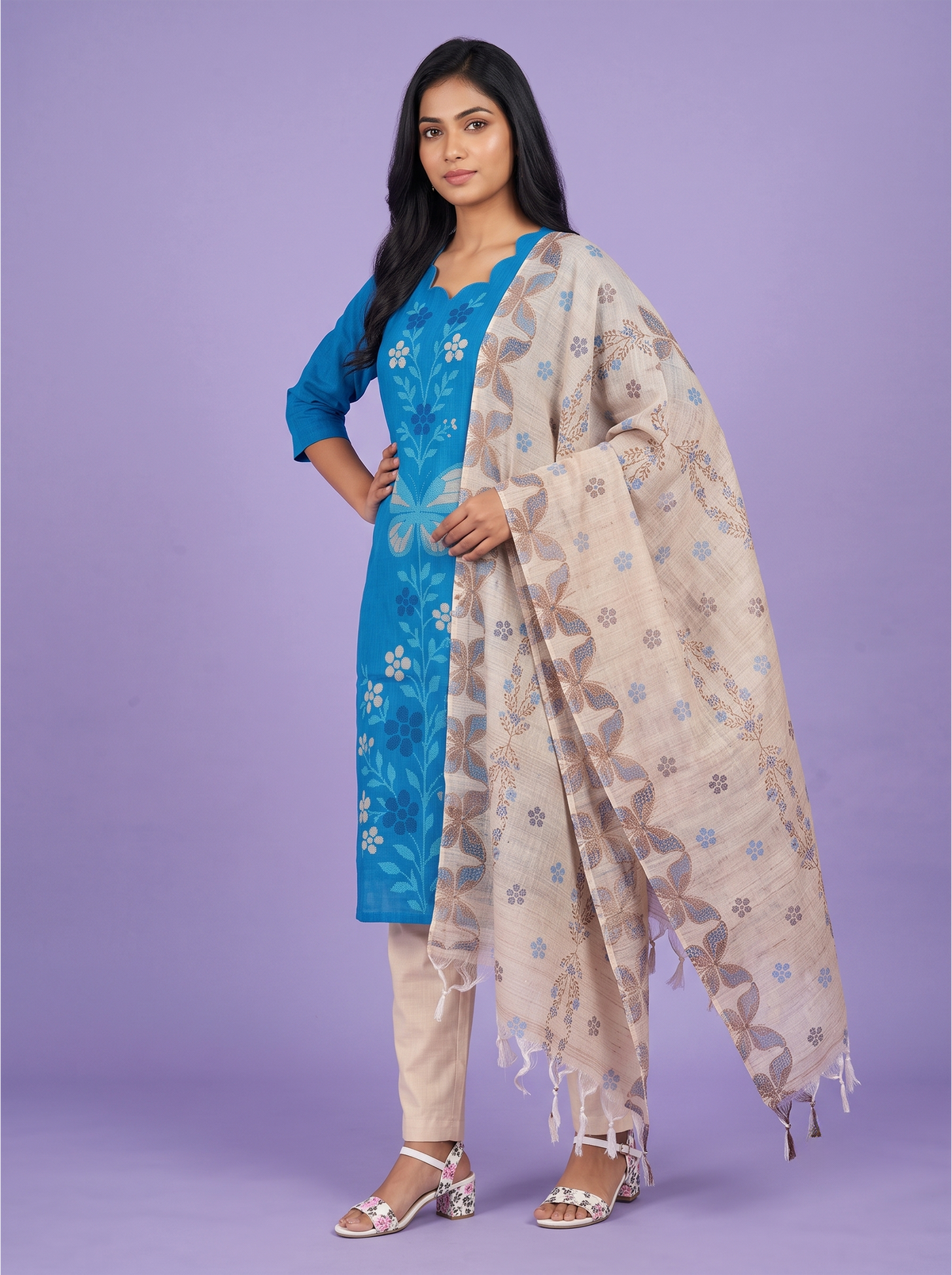 Premium Cotton Kurti Set with Floral & Butterfly Printed Design in Water Blue | Scallop Notch Neckline