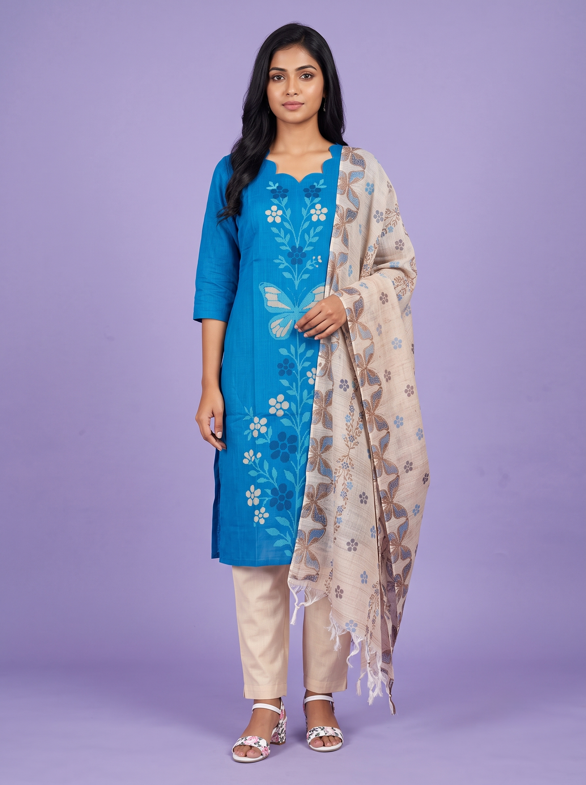 Premium Cotton Kurti Set with Floral & Butterfly Printed Design in Water Blue | Scallop Notch Neckline