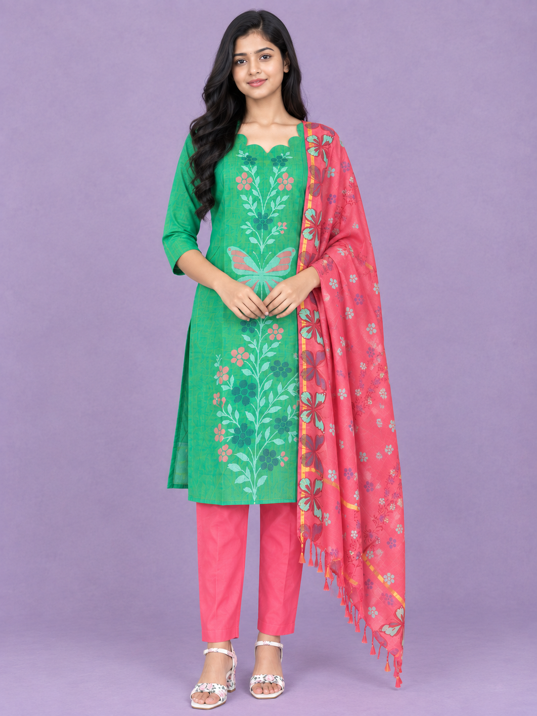 Premium Cotton Kurti Set with Floral & Butterfly Printed Design in Green | Scallop Notch Neckline