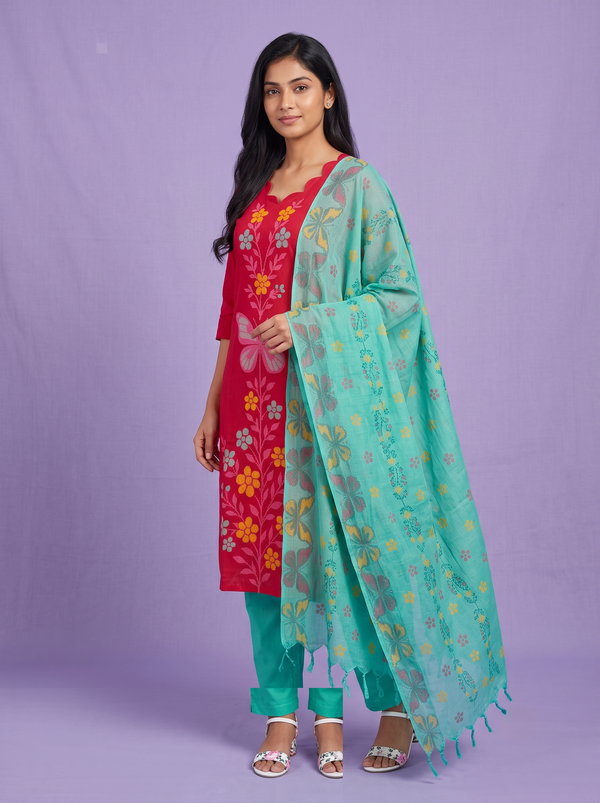 Premium Cotton Kurti Set with Floral & Butterfly Printed Design in Rani Pink | Scallop Notch Neckline