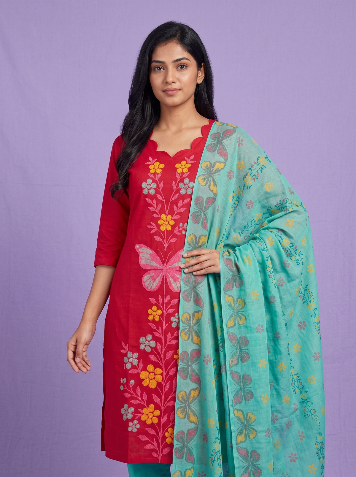 Premium Cotton Kurti Set with Floral & Butterfly Printed Design in Rani Pink | Scallop Notch Neckline