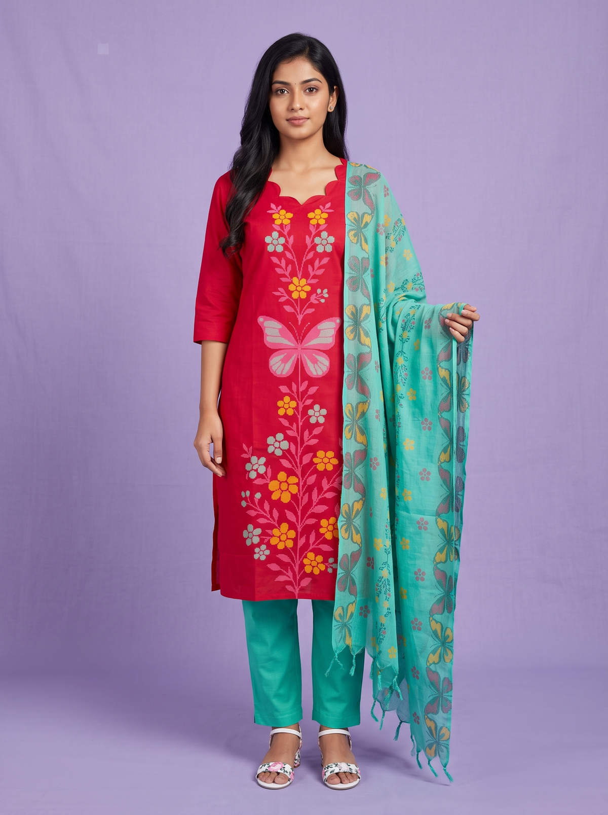 Premium Cotton Kurti Set with Floral & Butterfly Printed Design in Rani Pink | Scallop Notch Neckline