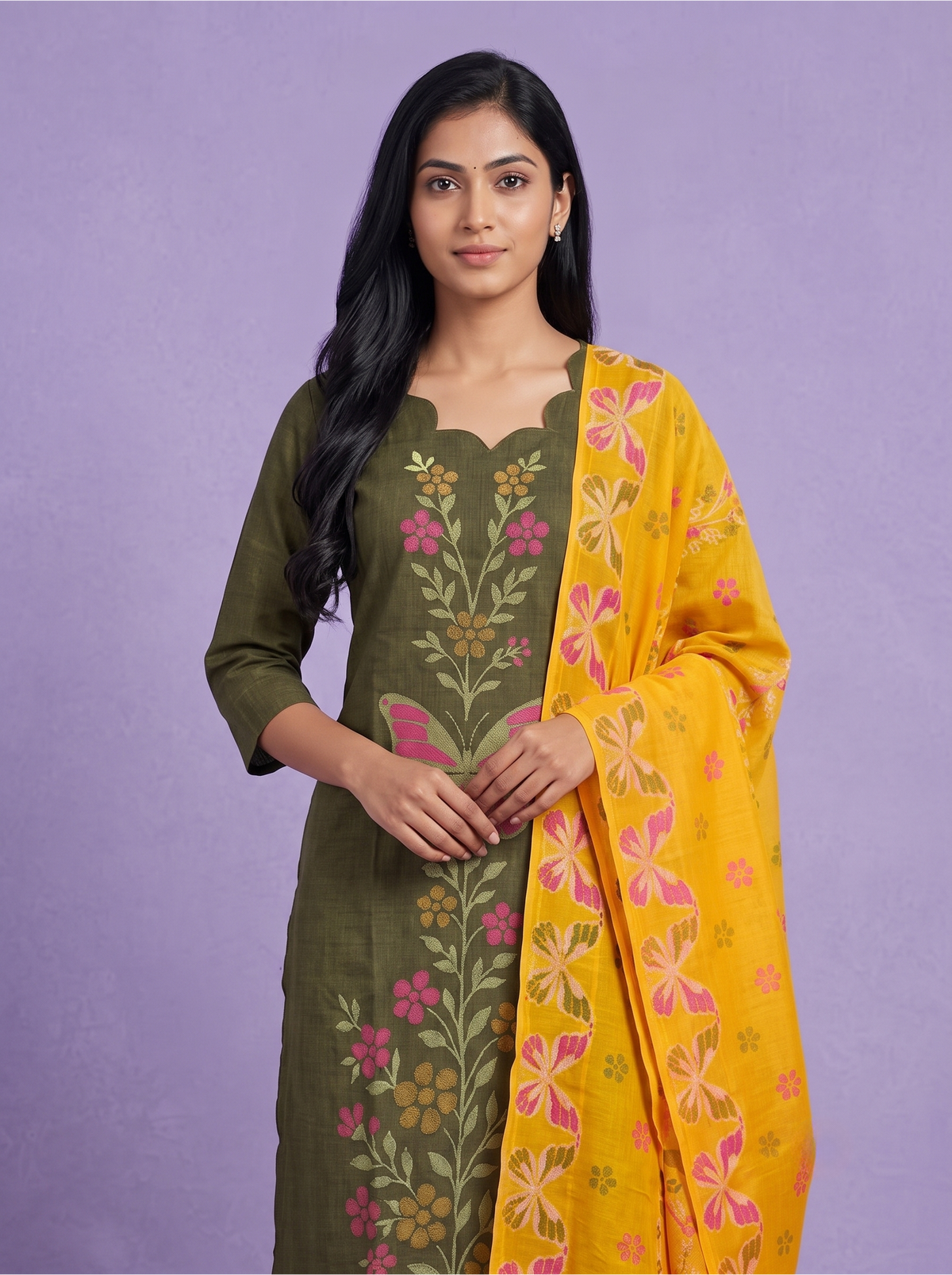 Premium Cotton Kurti Set with Floral & Butterfly Printed Design in Olive Green | Scallop Notch Neckline