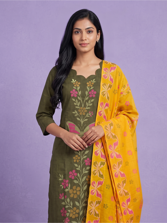 Premium Cotton Kurti Set with Floral & Butterfly Printed Design in Olive Green | Scallop Notch Neckline