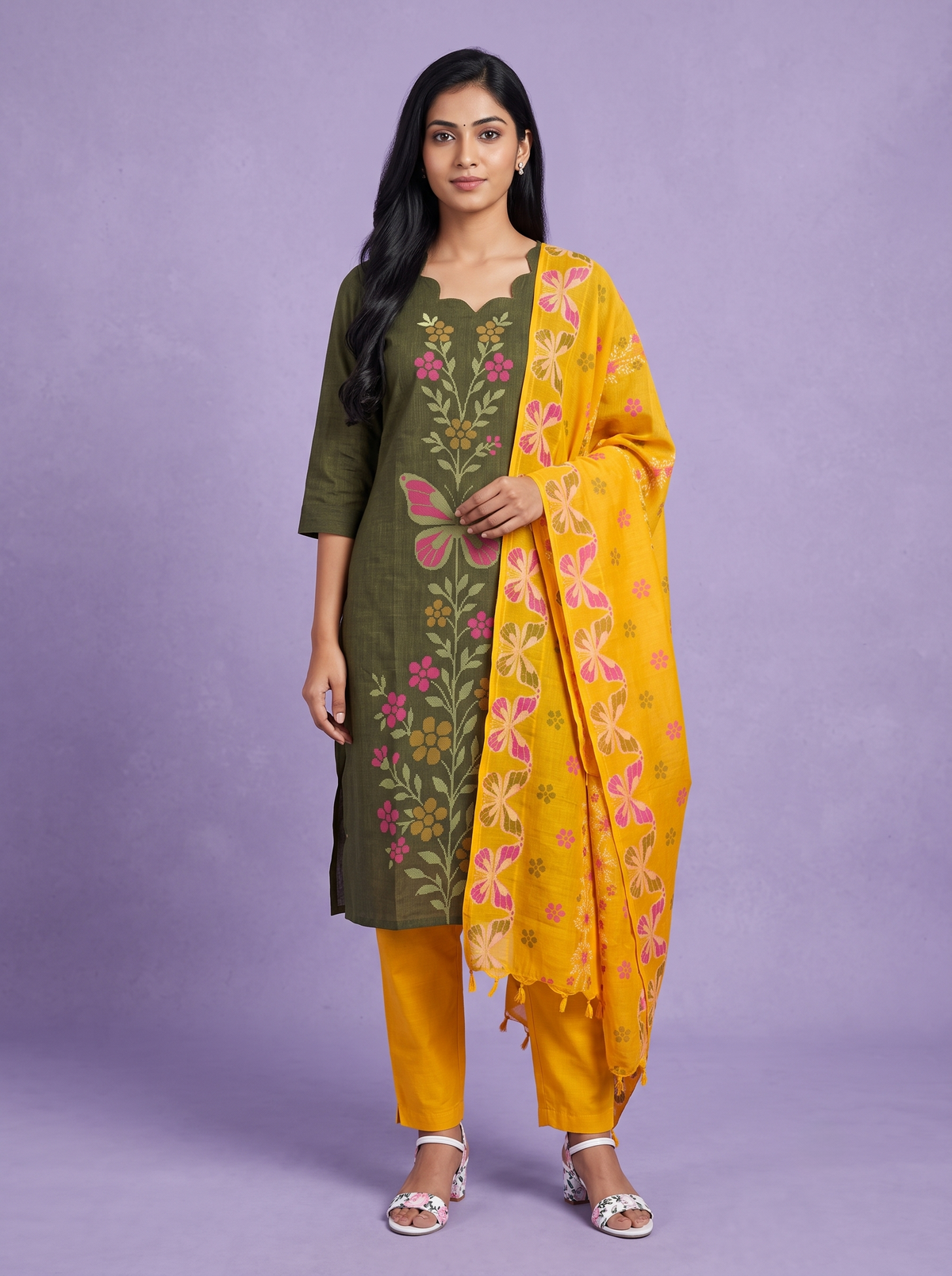 Premium Cotton Kurti Set with Floral & Butterfly Printed Design in Olive Green | Scallop Notch Neckline