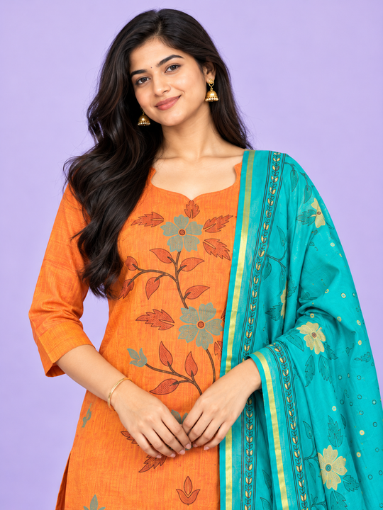 Premium Floral Print Cotton 3PC Kurti Set in Orange & Teal Blue | Cut Work Neck Design | Free Style Bottom | Ready to Wear
