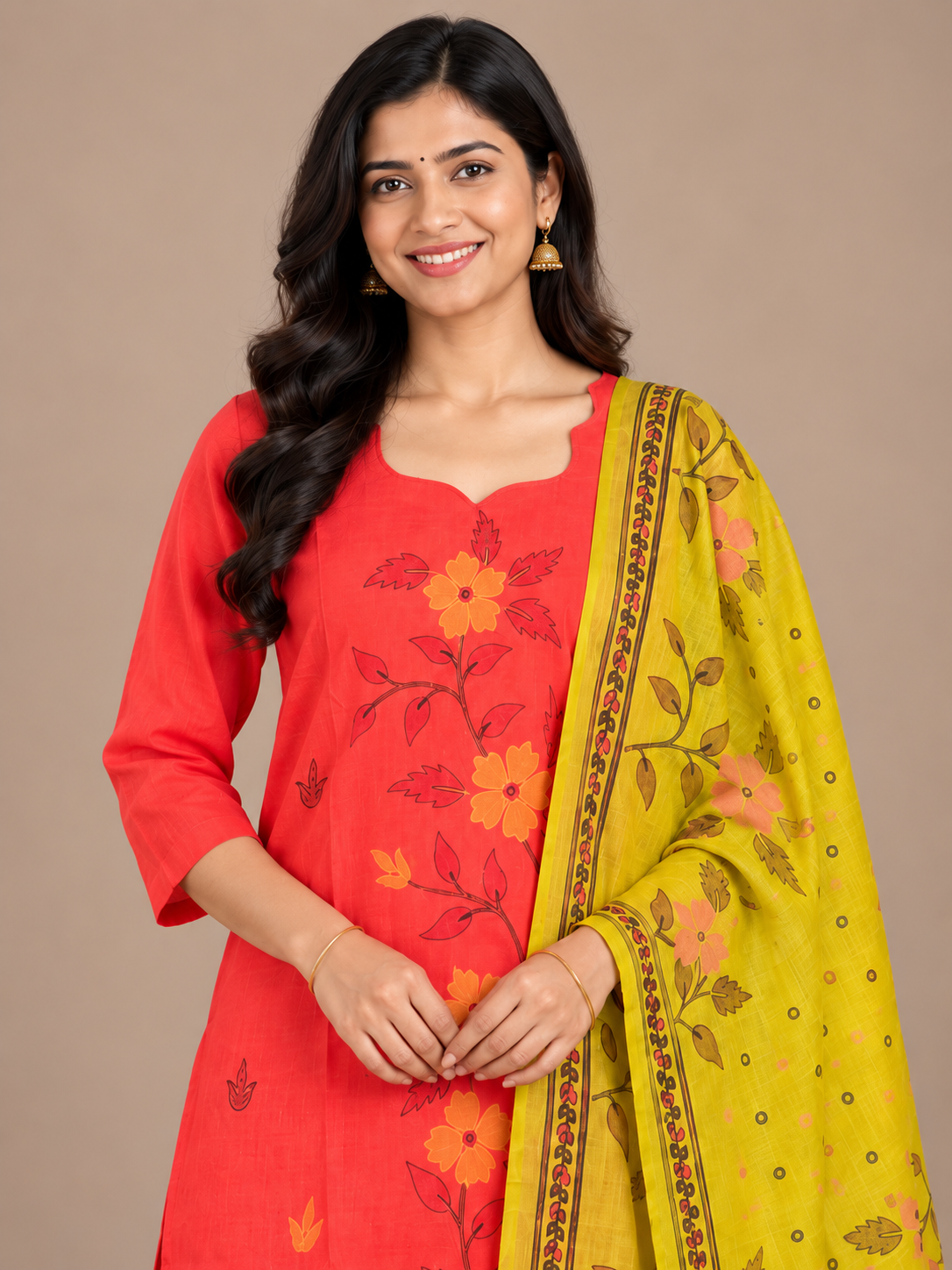Premium Floral Print Cotton 3PC Kurti Set in Coral Red & Mustard Yellow | Cut Work Neck Design | Free Style Bottom | Ready to Wear