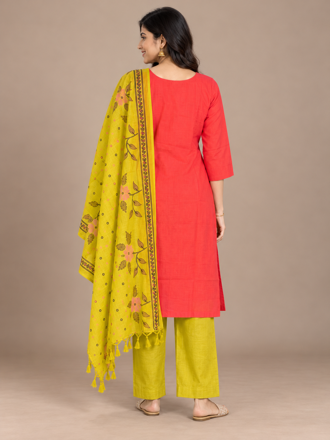 Premium Floral Print Cotton 3PC Kurti Set in Coral Red & Mustard Yellow | Cut Work Neck Design | Free Style Bottom | Ready to Wear