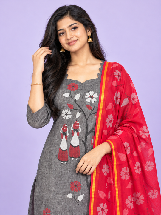 Traditional Gollabhama Print Cotton 3PC Kurti Set in Charcoal Grey & Rani Pink | Cut Work Neck Design | Free Style Bottom | Ready to Wear