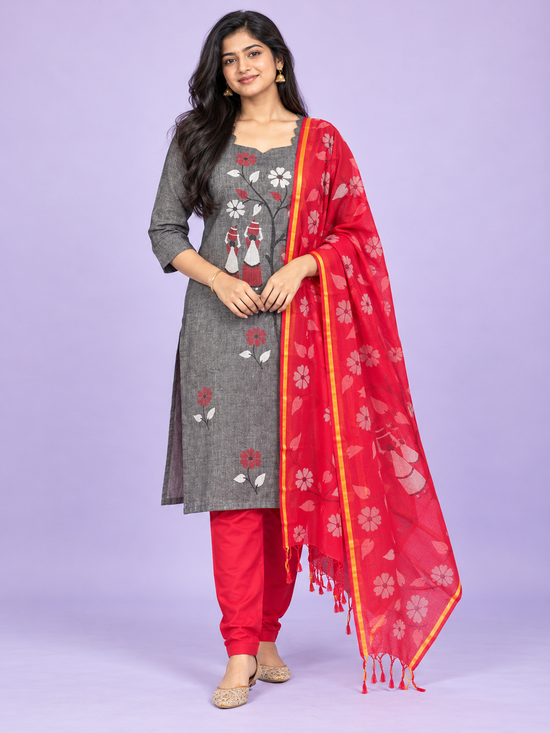 Traditional Gollabhama Print Cotton 3PC Kurti Set in Charcoal Grey & Rani Pink | Cut Work Neck Design | Free Style Bottom | Ready to Wear
