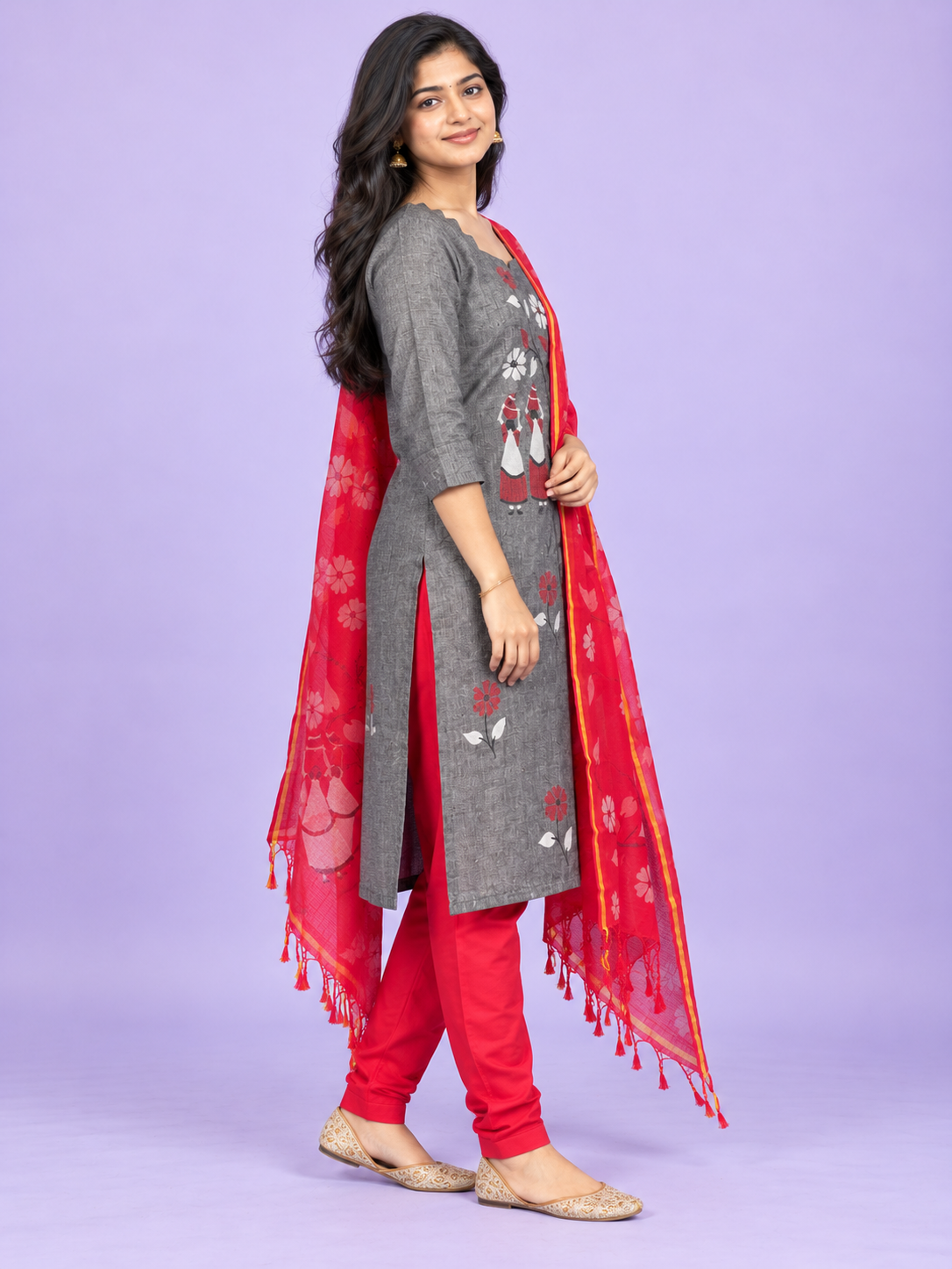 Traditional Gollabhama Print Cotton 3PC Kurti Set in Charcoal Grey & Rani Pink | Cut Work Neck Design | Free Style Bottom | Ready to Wear