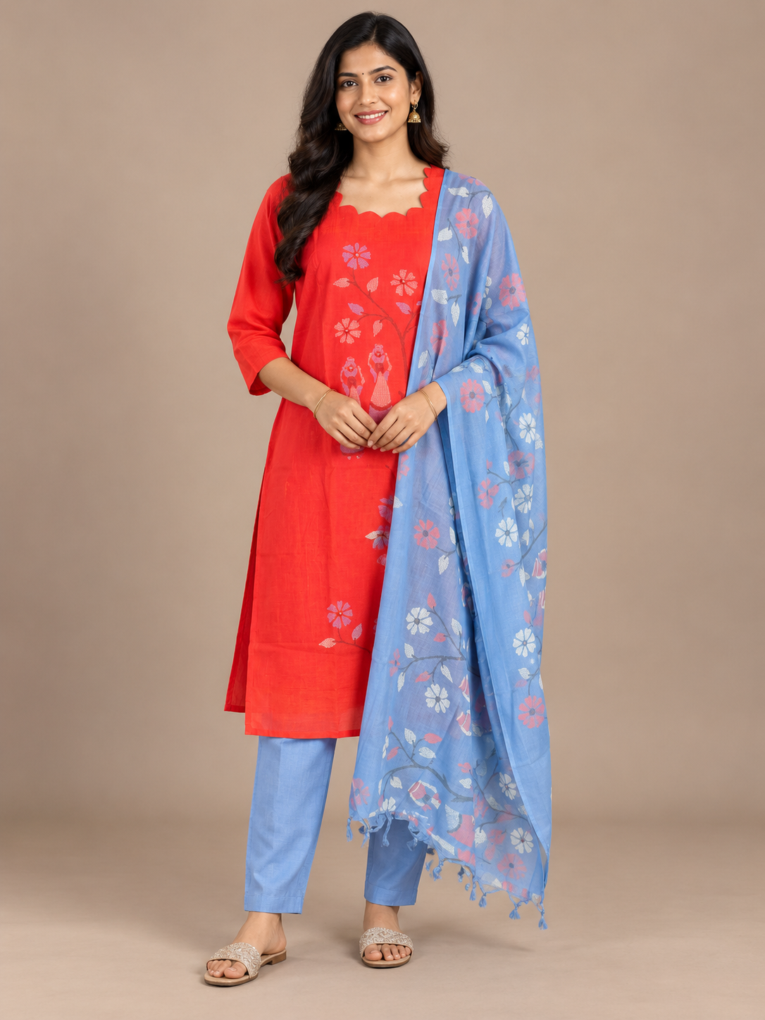 Traditional Gollabhama Print Cotton 3PC Kurti Set in Red Colour | Cut Work Neck Design | Free Style Bottom | Ready to Wear