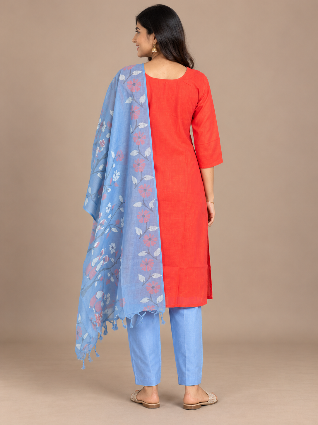 Traditional Gollabhama Print Cotton 3PC Kurti Set in Red Colour | Cut Work Neck Design | Free Style Bottom | Ready to Wear