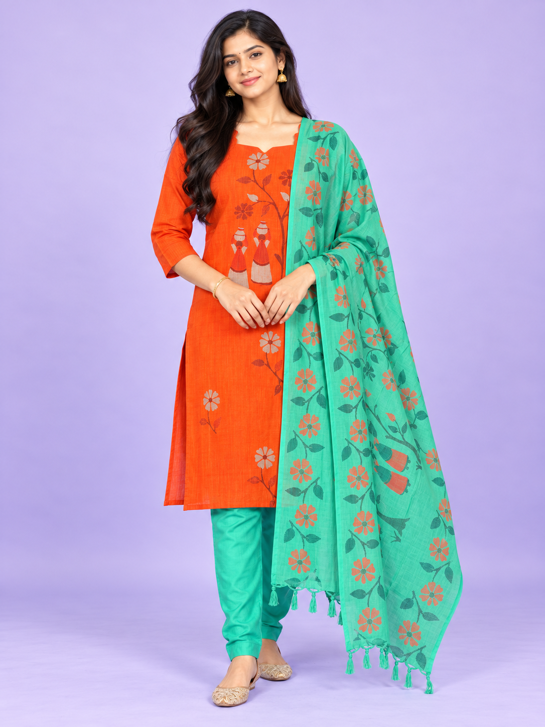 Traditional Gollabhama Print Cotton 3PC Kurti Set in Bright Orange & Turquoise Green | Cut Work Neck Design | Free Style Bottom | Ready to Wear